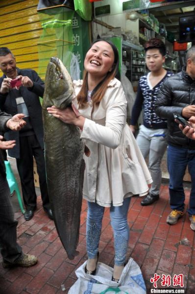 美女与鱼王合影 朱茂 摄