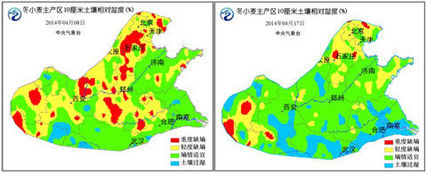 冬麦区墒情对比图（左：4月8日，右：4月17日）