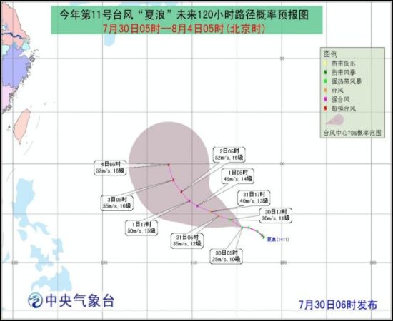 今年第11号台风 “夏浪”未来120小时路径概率预报